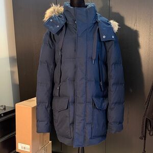 Marc New York (Andrew Marc) Navy Blue Puffer Coat with Faux Fur Hood Size L